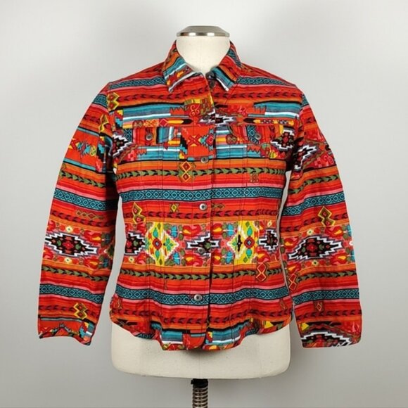 NWOT! Chico’s Y2k Southwestern Aztec Flair Cotton Lightweight Jean Jacket Medium - Picture 1 of 11
